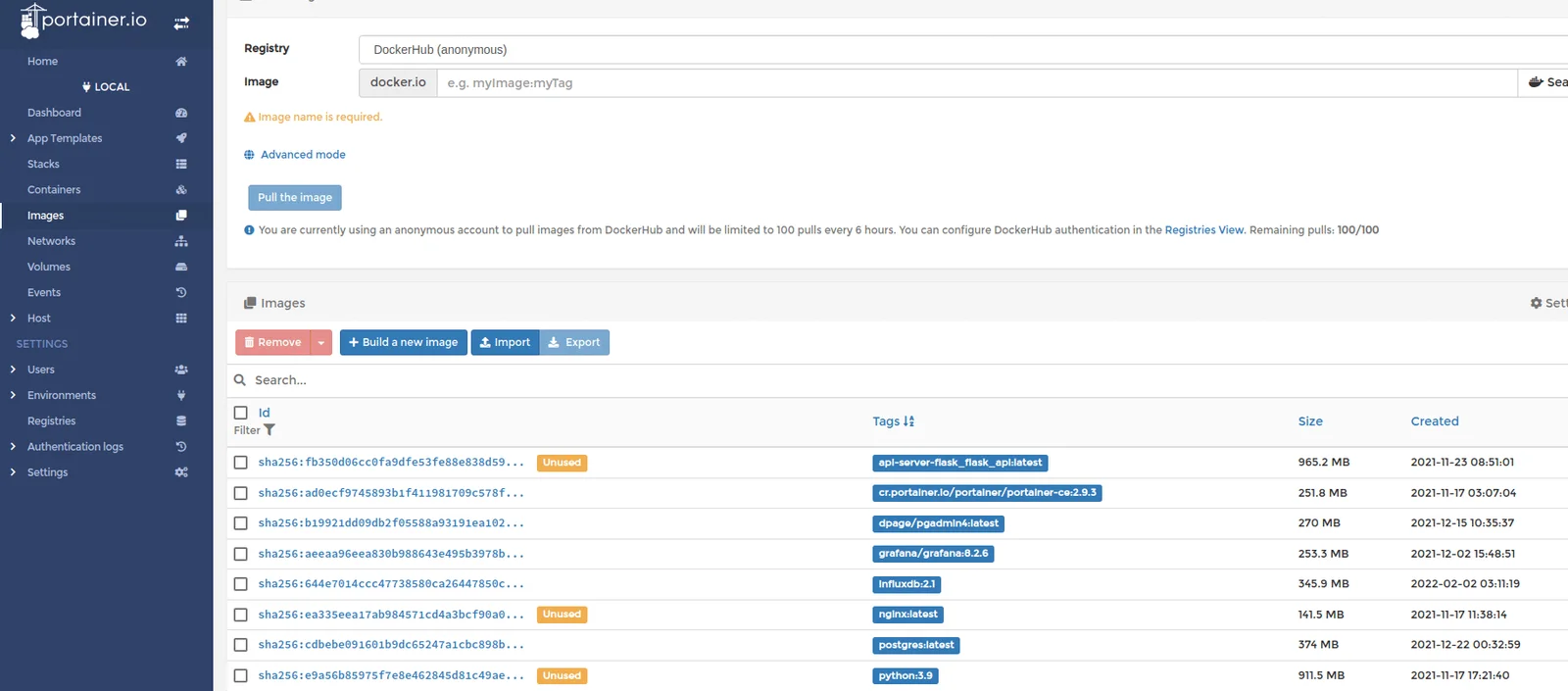 capture liste des images dans portainer